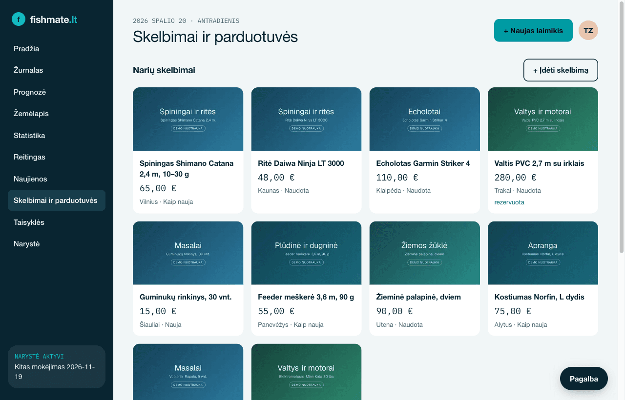 Skelbimų ekranas: narių skelbimų tinklelis su kainomis.