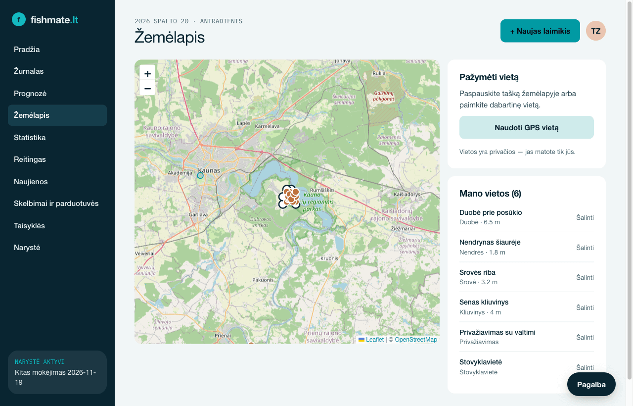 Žemėlapio ekranas: pažymėtos vietos ir laimikių taškai.